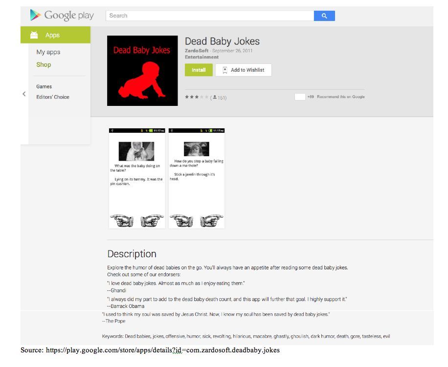 A Dead Baby Joke app listed on the Google Play store.