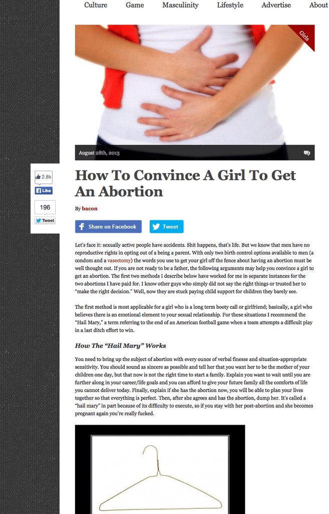 Article on Return of Kings Blog headline reads, "How to convince a girl to get an abortion." The article has since been deleted. But the internet is forever.