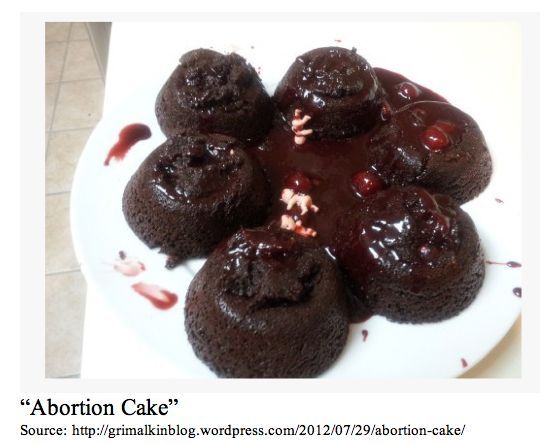 Photo of a chocolate cake with dark cherries with little fetus dolls that they have titled: Abortion Cake