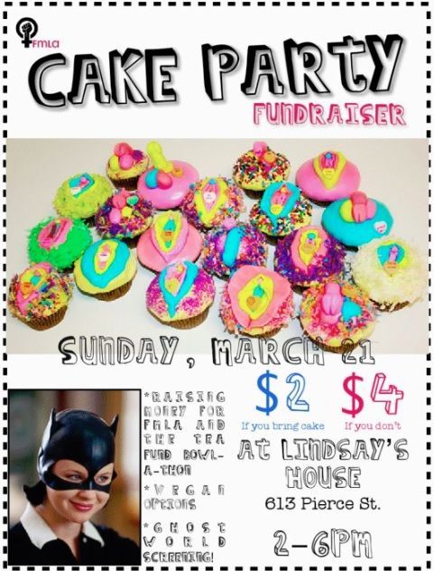 A FMLA Cake Party Fundraiser showing a bunch of multi colored cupcakes with vagina's on top