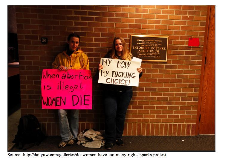 A photo of two female protesters holding signs that say: When abortion is Illegal women die and My Body My F**King Choice!