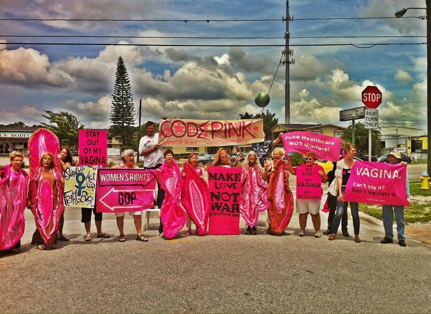 A large group of Code Pink followers some wearing vagina costumes others just holding signs