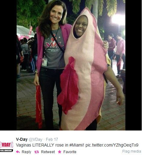 V-Day twitter account posted a photo of two females one was dressed in a vagina costume in Miami