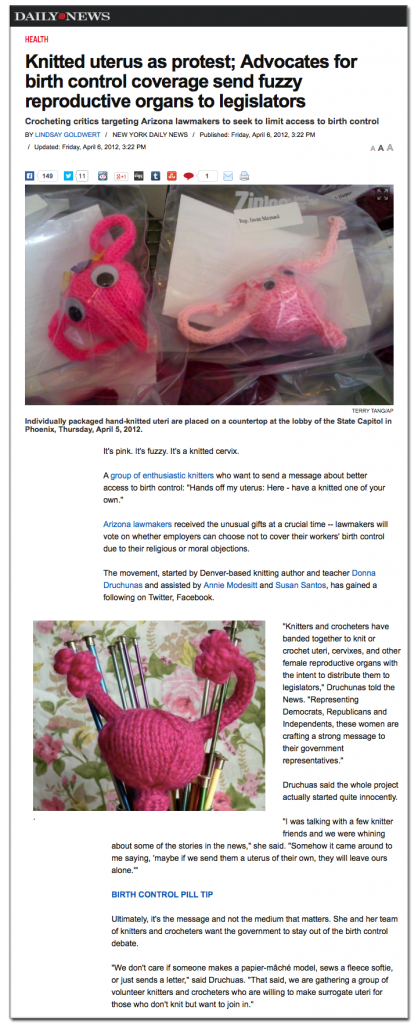 Knitted uterus as protest; Advocates for birth control coverage sends fuzzy reproductive organs to legislators