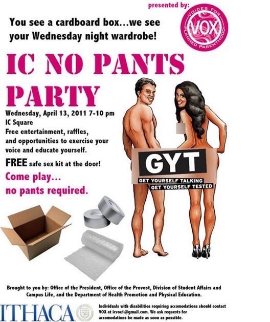A advertizement from Voices for planned parenthood of their IC NO PANTS PARTY. You get a FREE sex kit at the door and no pants are required.