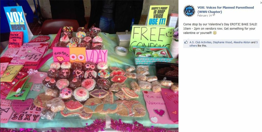 A picture of a Planned Parenthood erotic bake sale for valentines day that the VOX voices for planned parenthood chapter of WWU hosted on their campus.