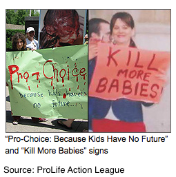 A photo posted by Pro-Life Action League of two side by side photos. The first photo is some people trying to hide the graphic abortion photo display with a signt that says: Pro-choice because kids have no future...And the second photo is of a lady holding a sign that says Kill more babies