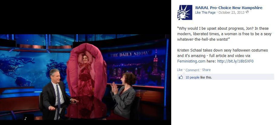 NARAL Pro-Choice New Hampshire posted a picture on their facebook page of The Daily Show with Jon Steward with special guest comedian Kristen Schaal and a lady in a Vagina Costume