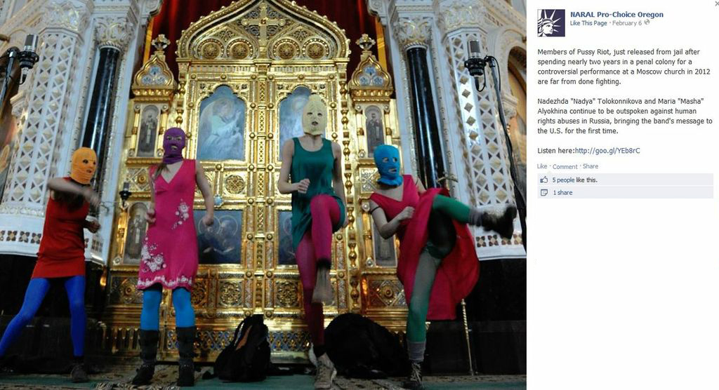 A photo posted by NARAL Pro-Choice Oregon of the Russian band P***Y Riot. Four women in maxi dresses, hot colored tights, and ski masked over there faces