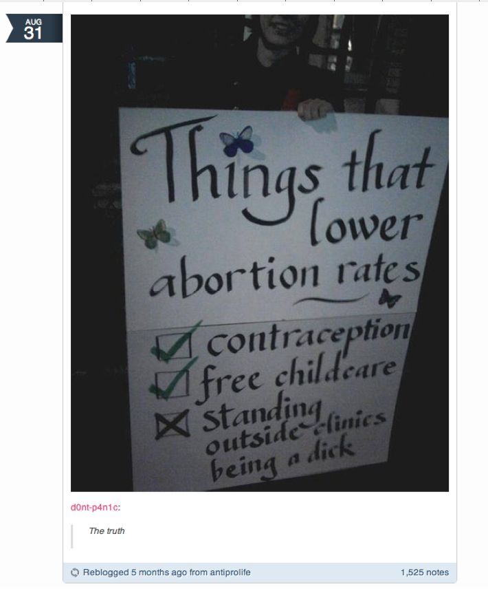 A pro-choice sign that reads: Things that lower abortion rates-Contraceptions, Free Childcare BUT Standing outside clinics being a d**k does not