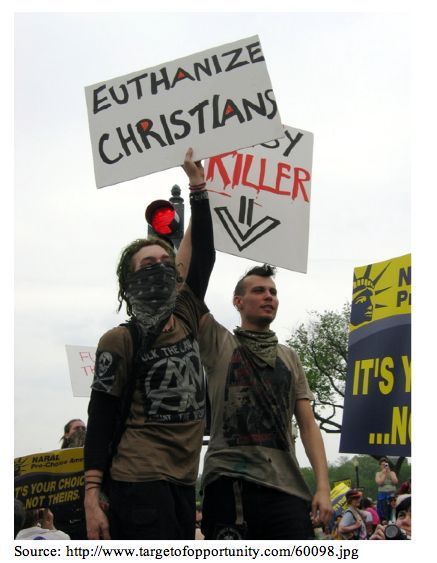 A picture of two men from an anarchist group holding dark signs that read: Euthanize Christians, Baby Killer with an arrow pointing to him
