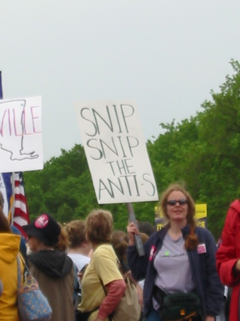 A photo of a prochoice rally where one women is holding a sign that reads: "Snip Snip the anti-s"