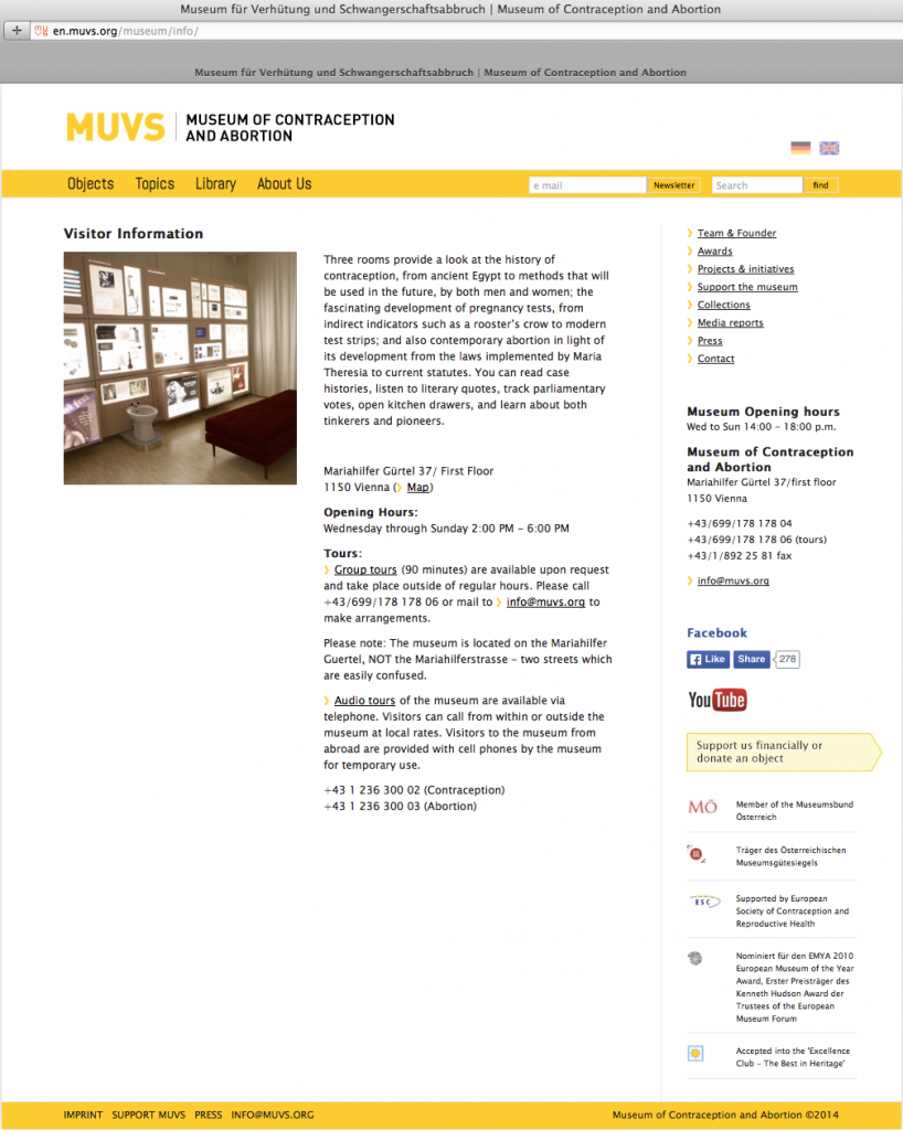 The homepage of the website of the Museum of Contraception and Abortion