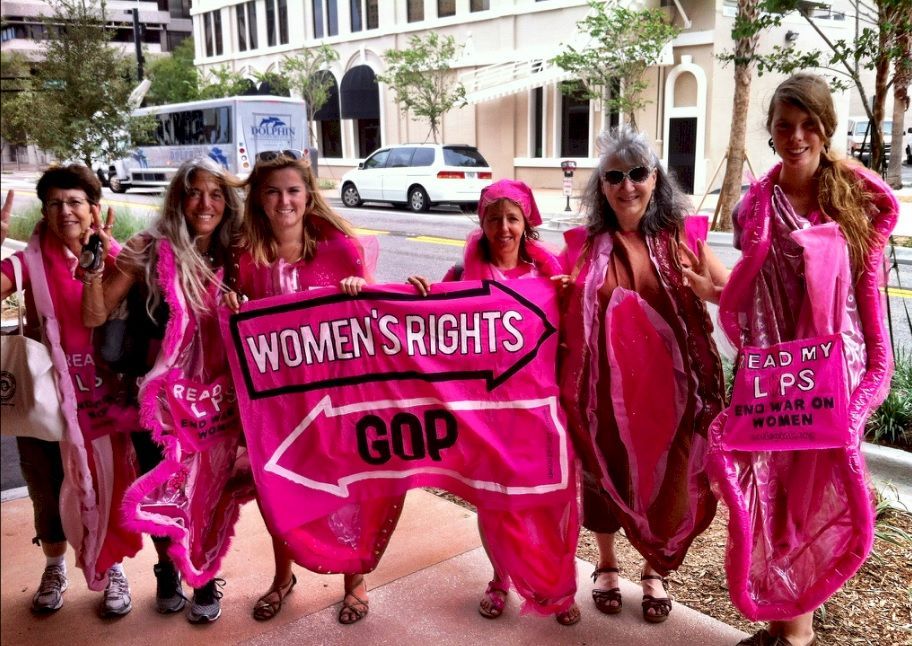 A group of women in some more vagina costumes from Code Pink
