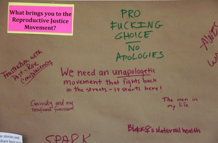 A banner with the question What brings you to the Reproductive Justice Movement? on it and some of the responses are: Pro-F***ING choice NO Apologies, The men in my life, Curiosity and my newfound feminism