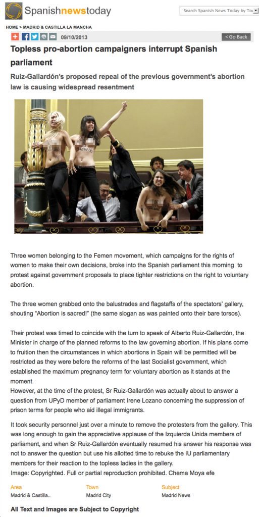 A Spanish News Today article called: Topless pro-abortion campaigners interrupt Spanish parliament