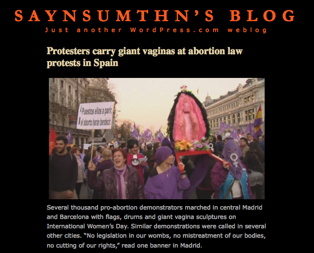 Photo from Saynsumthn's Blog of protesters carrying giant vaginas at a abortion law protest in Spain