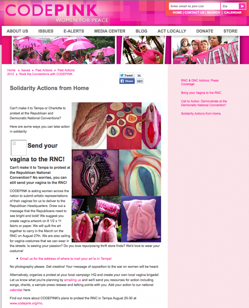 A screen shot of a Code Pink article encouraging women to send their vaginas to the RNC. They want you to send artistic expressions of their vaginas so Code Pink can send them to the republican headquarters