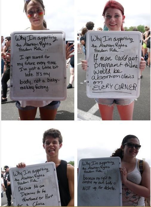 Four photos of youth at the Abortion Rights Freedom Rides all holding signs explaining why they support abortion.