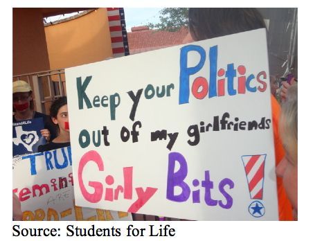 Students for Life posted a picture of a pro-choice protestor saying: Keep your Politics out of my girlfriends Girly Bits!