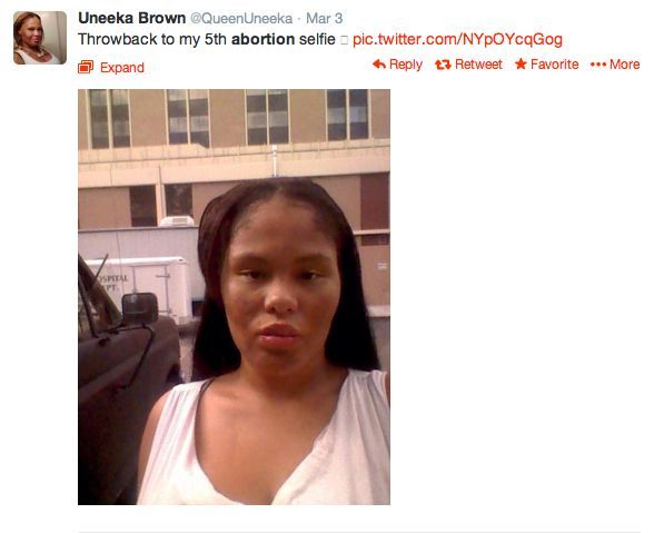 A picture that a women posted on her twitter where she labeled it: Throwback to my 5th Abortion Selfie