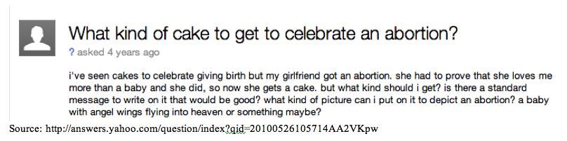 This yahoo answers question reads: What kind of cake to get to celebrate an abortion? I've seen cakes to celebrate giving birth but my girlfriend got an abortion. She had to prove that she loves me more than a baby and she did, so now she gets a cake. But what kind should i get? Is there a standard message to write on it that would be good? What kind of picture can i put on it to depict an abortion? A ababy with angel wings flying into heaven or something maybe?"