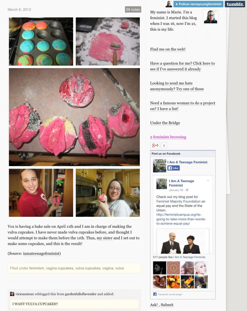 A screen shot of a Feminist blog of her making some Vulva cupcakes
