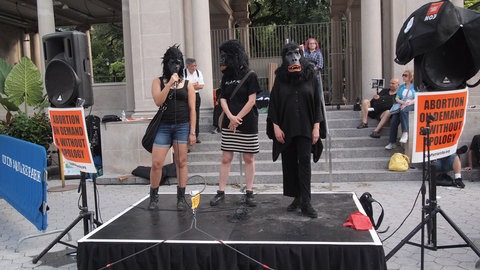 A photo of Girls in Guerrila costumes from the Guerrilla Girls Broadband join Send-off for Abortion Access Freedom Ride