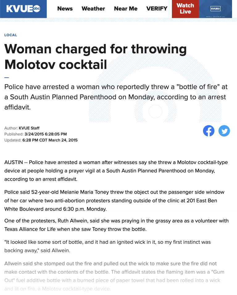Woman Charged For Throwing Molotov Cocktail