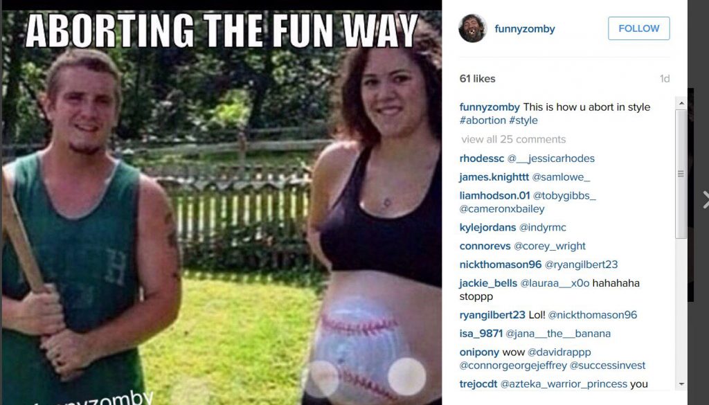 This meme was posted by funnyzomby on Instagram. Meme features a guy holding a baseball bat standing next to a woman who has a baseball painted on her pregnant belly. Text on the image says "Aborting the fun way." Post caption reads, "This is how u abort in style."
