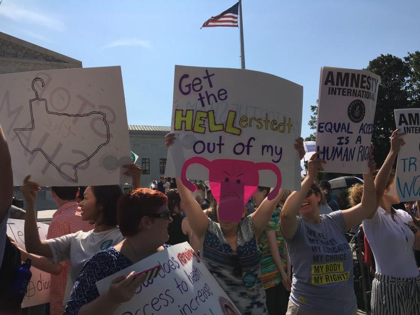 Protestor holds a sign which reads, "Get the HELLerstedt out of my..." with an angry uterus depicted below.