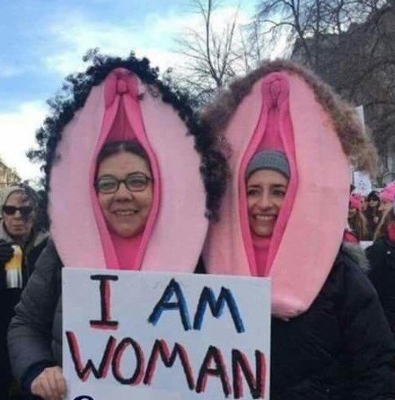 Two women wearing vagina head wear... There's really no way to describe it to do it justice except... wow.