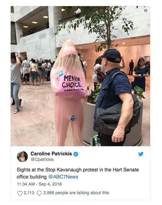 A man at the "Stop Kavanaugh" protest was dressed as penis in a condom, wearing a sign that says "Men for choice."