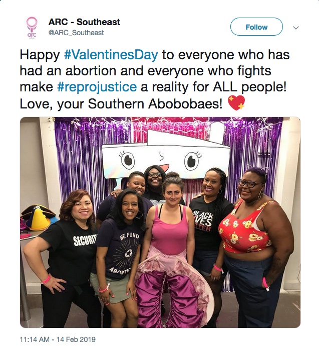 ARC-Southeast tweets "Happy #ValentinesDay to everyone who has had an abortion and everyone who fights make #repojustice a reality for ALL people! Love, your Southern Abobobaes!" Sparkling heart emoji.