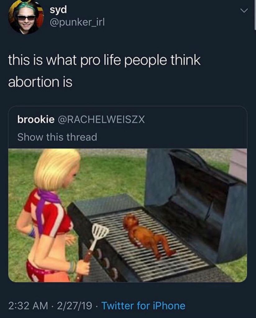 Syd tweets "this is what pro-life people think abortion is" and attached is what looks to be a screenshot from the sims where a sim is standing at a BBQ, with a baby on the grill.