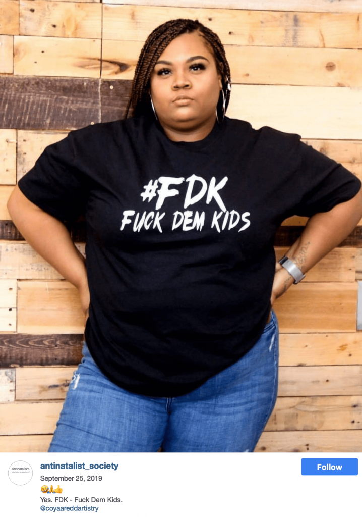 Shirt Reads: "#FDK F**k Dem Kids." Posted by the antinatalist_society on Instagram.