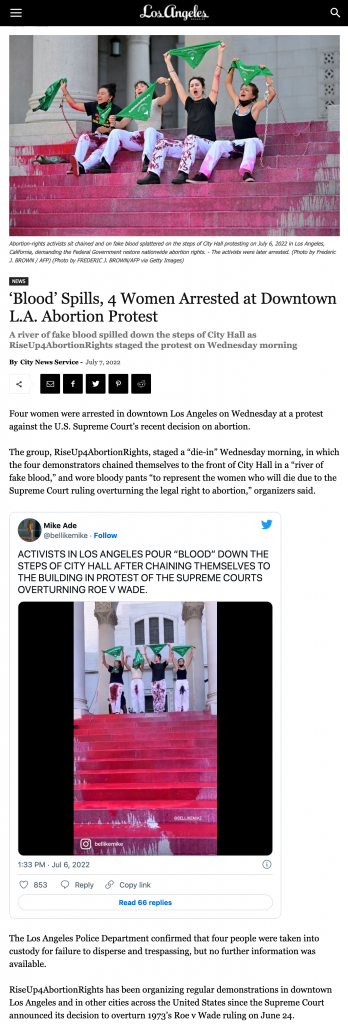 Article from Los Angeles Magazine Headline reads, "'Blood' Spills 4 Women Arrested at Downtown L.A. Abortion Protest."
