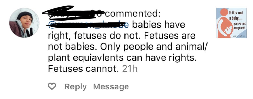 This pro-choice instagram user commented on our post: "babies have right, fetuses do not. Fetuses are not babies. Only people and animal/plant equivalents can have rights. Fetuses cannot.
