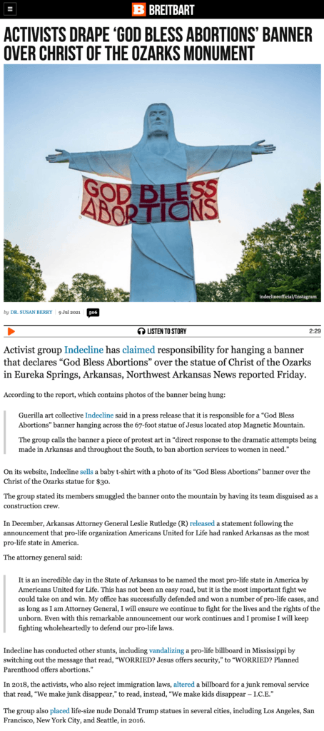 Breitbart article headline reads, "Activists drape 'God Bless Abortions' Banner Over Christ Of The Ozarks Monument"