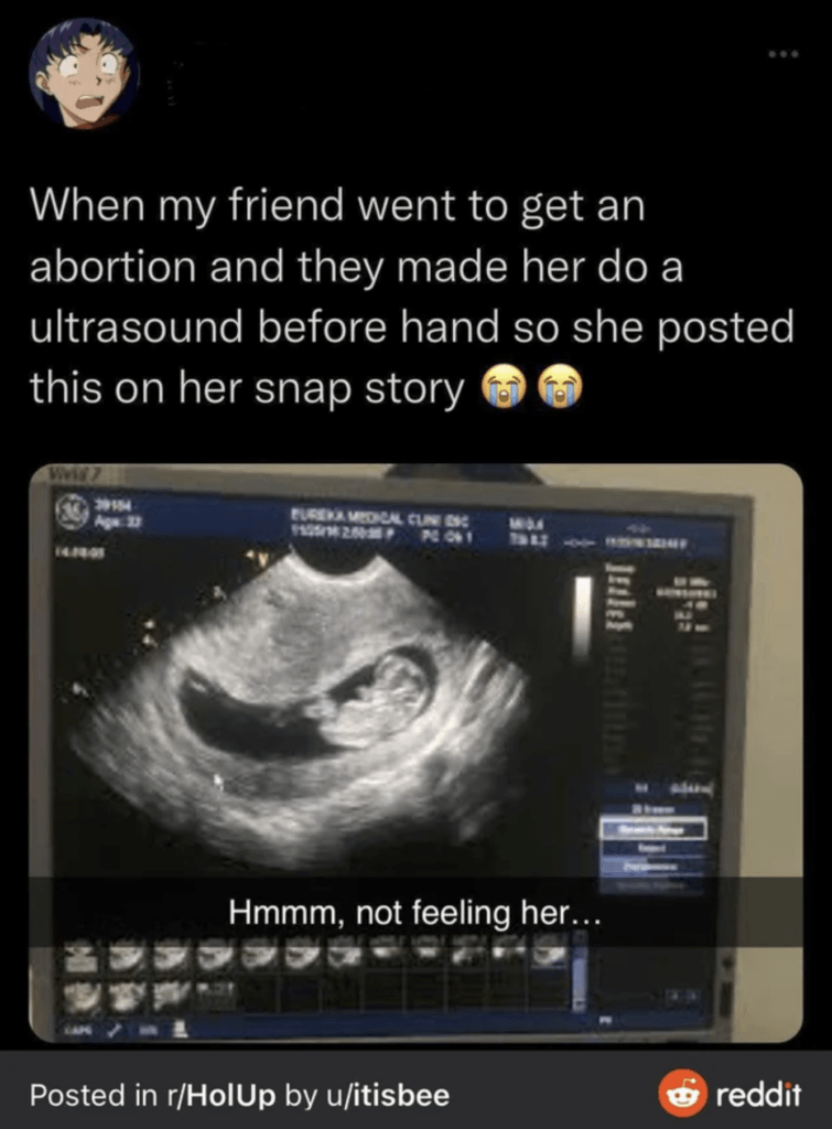 Reddit post says, "When my friend when to get an abortion they made her do a ultrasound before hand so she posted this on her snap story ( 2 crying emojis)" Image shows a ultrasound with the caption "hmm not feeling her..."