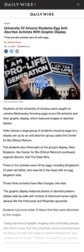 Snippet of an Article By Daily Wire titled "University of Arizona Students Egg Anti-Abortion Activists With Graphic Display"