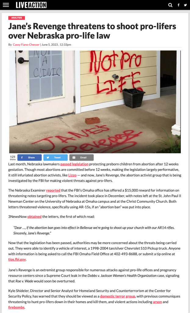 Screenshot of the article by Live Action with a headline that reads, "Jane's Revenge threatens to shoot pro-lifers over Nebraska pro-life law." To read the full article, click the link below.
