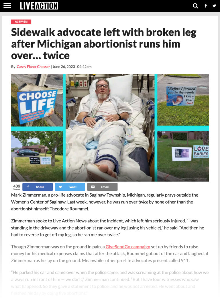 Sidewalk counselor left with broken leg after Michigan abortionist runs him over twice
